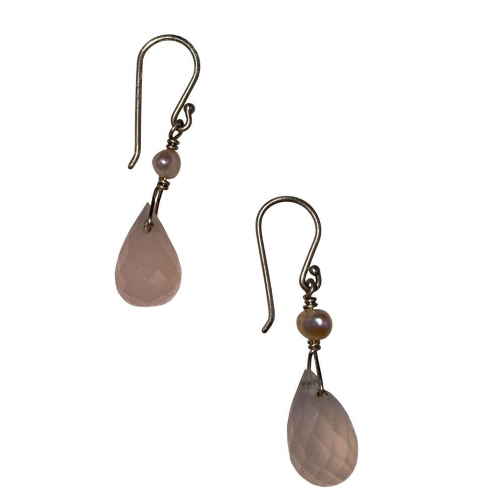 Rose Quartz & Cultured Pearl Sterling Silver Drop Earrings Pastel Pink Tone
